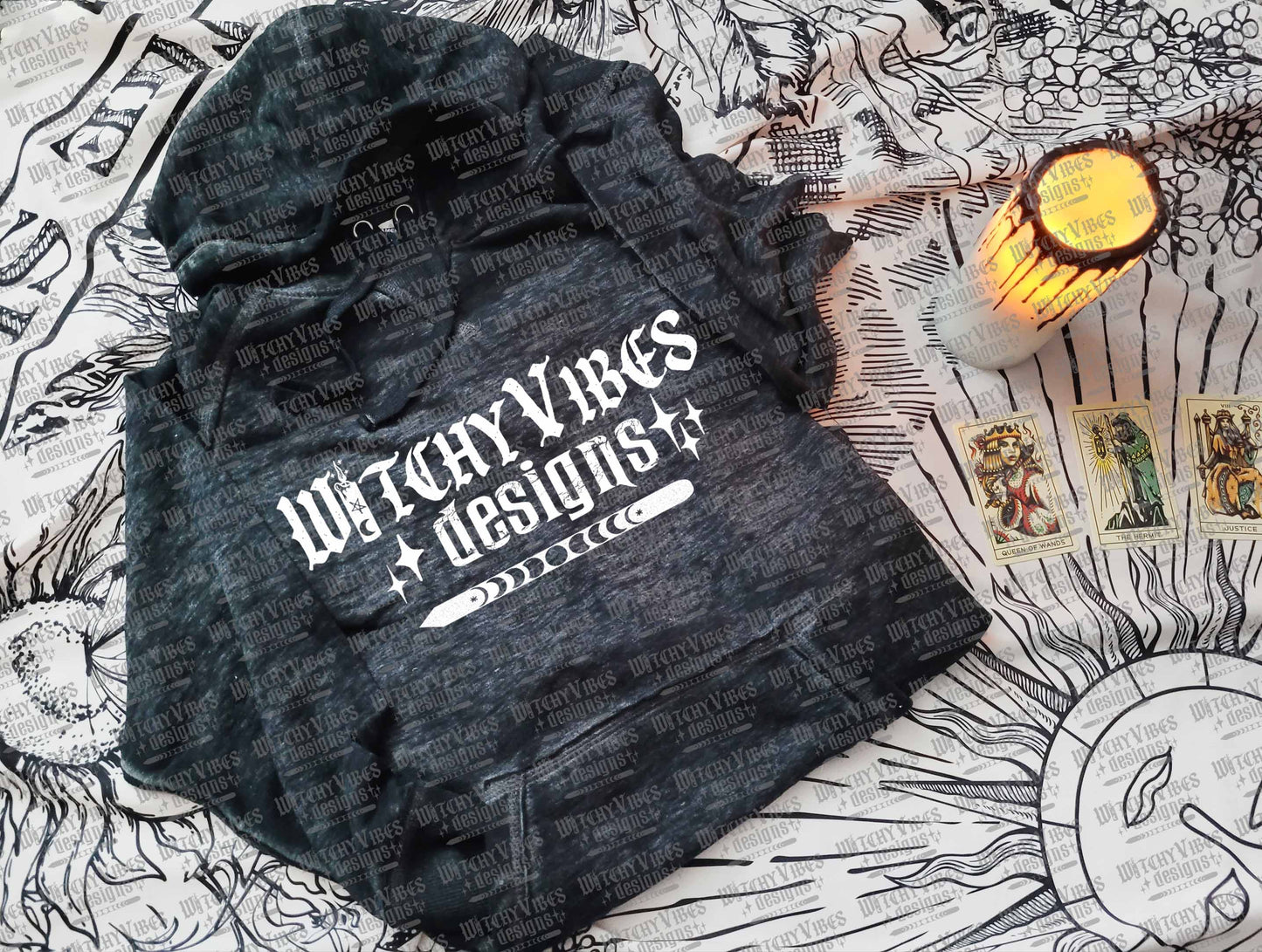 Black Acid Wash Hoodie Sun Tarot Mockup